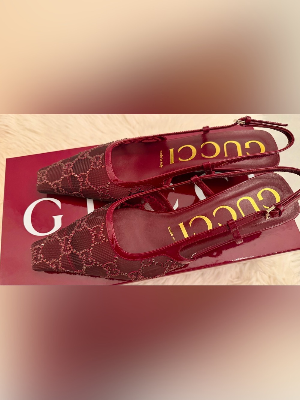 NEW-Gucci Ancora Red Mesh Crystal Slingback Kitten Heels- Size 36.5